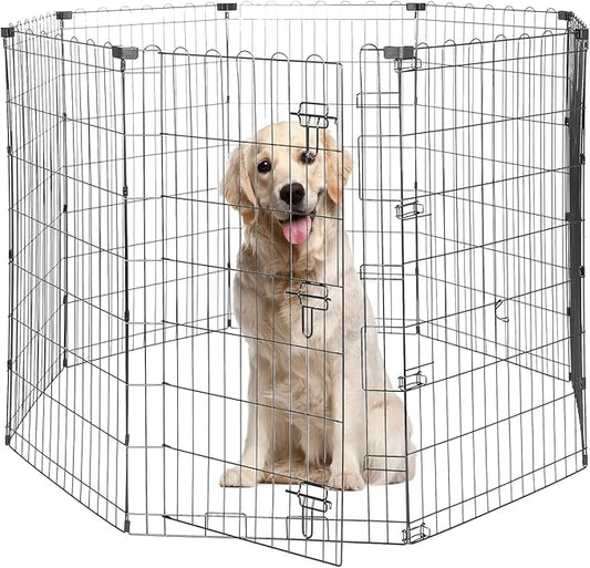 Foldable Dog Playpen 42" Height 8 Panels Metal Exercise Pen with Door - Indoor/Outdoor Dog Play Pen for Medium-Large Dogs, Portable Pet Fence for Yard Garden Camping, Black-PawvioPets