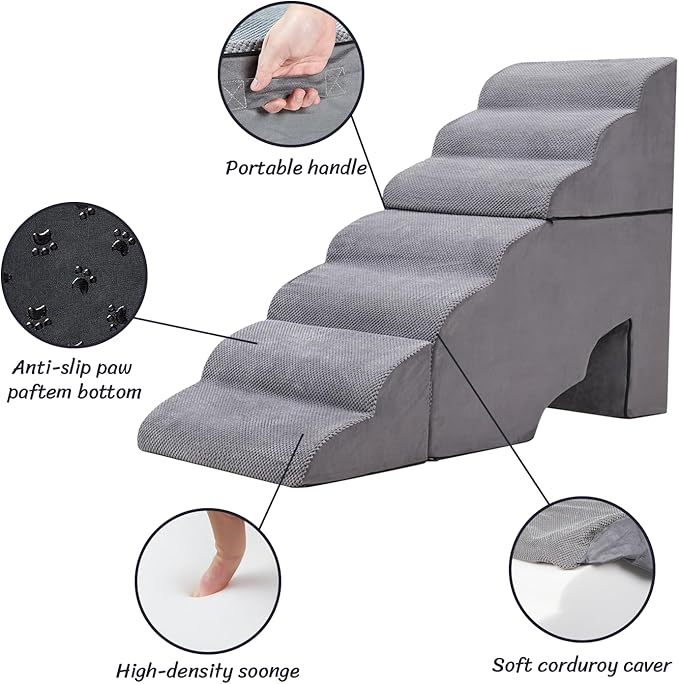 Dog Stair Steps for High Beds 36 inches Tall, 33D Foam Dog Ramp for Bed 32 inches, 7-Step Pet Stair Steps for Small Large Dogs for Bed Climbing, Non-Slip Dog Steps for Older Dogs/Cats, Grey-PawvioPets