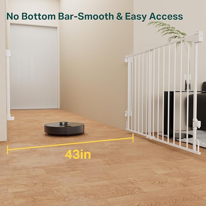 Cumbor 29.2-43" No Bottom Bar Baby Gate for Stairs, 2-in-1 Hardware Mounted Dog Gate Indoor, Auto Close Pet Gate for Doorways with Large Walk Thru Door, Wide Child-Proof Safety Gates for Kids (White)-PawvioPets