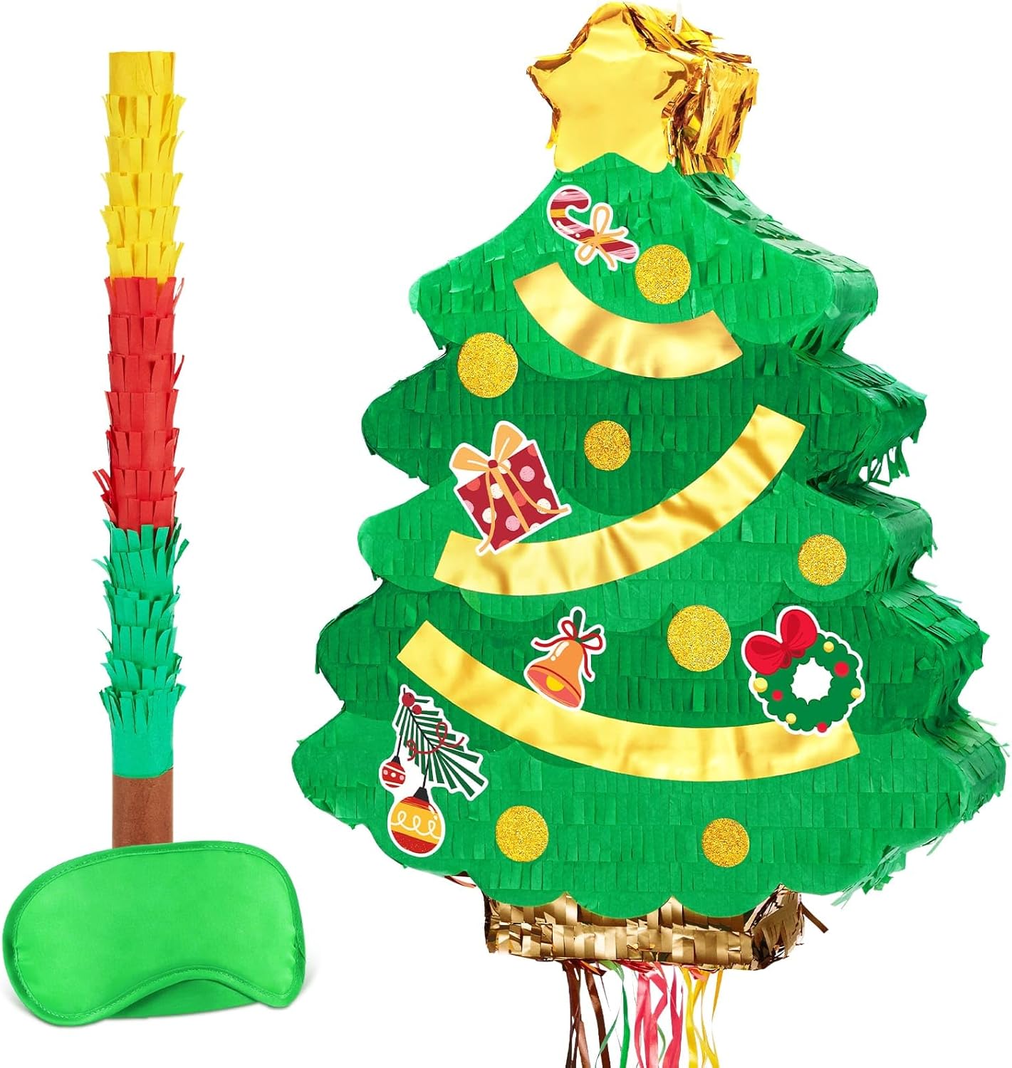 WERNNSAI Christmas Tree Pinata - Christmas Decorations XmasTree Party Game for Kids Festival Party Decor Supply Green Tree Design Merry Xmas Favor Pull String with Blindfold Bat 16.5” x 12.4”