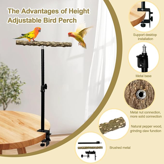 13-23 Inch Height Adjustable Desktop Bird Perch Pepper Wood Bird Training Perch Stand Parakeet Perches Indoor and Outdoor Parrot Stands for Small to Medium Bird-PawvioPets