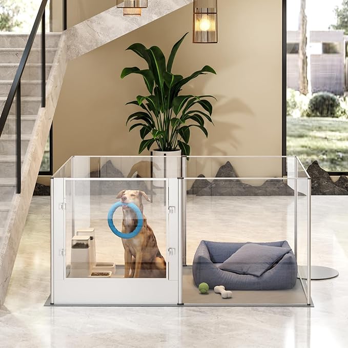 Dog Clear Playpen Fence Kennel: 32" Extra Tall Puppy Birthing Enclosure with Waterproof Fertility Pad - 64"x43" Pet Heavy Duty Play Pin Corral with Transparent View and Lockable Door for Dogs Bunny-PawvioPets