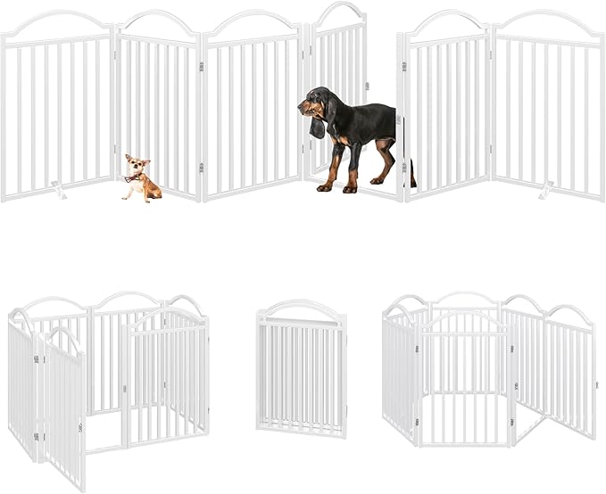 BHG Metal No-Assembly Freestanding Dog Gate with Door Walk Through, Extra Wide 144", Extra Tall 32" Pet Gate, Accordion Puppy Folding Playpen Dog Fence for Indoor & Outdoor, with 2PCS Support - White-PawvioPets