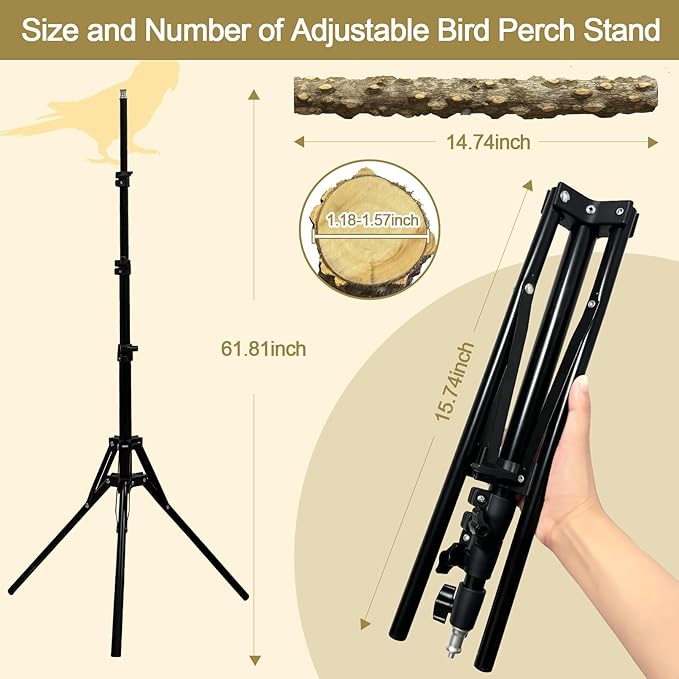 16-63 Inch Height Adjustable Bird Perch Pepper Wood Bird Training Perch Stand Parakeet Perches Indoor and Outdoor Parrot Stands for Small to Medium Bird-PawvioPets