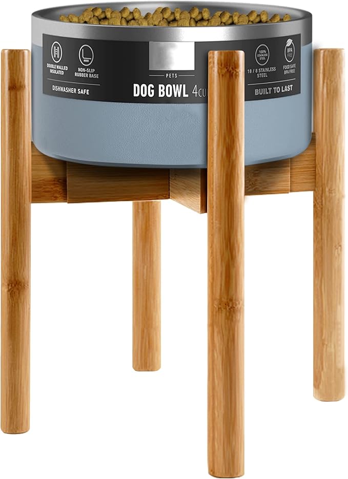 Dog Bowl Stand for Large Breed - 14-inch High, Adjustable Sideways to Fit Various Sizes of Pet Food/Water Bowls, Slow Feeders, and Drink Fountains - Bamboo-PawvioPets