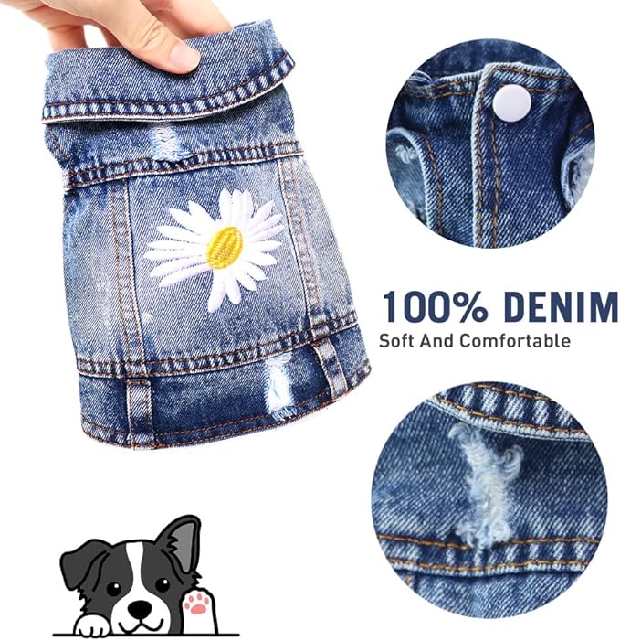 Dog Denim Jacket with Embroidered Daisy, Ripped Vintage Jean Vest for Small Dogs, Pugs, Chihuahuas, Spring Summer Autumn Festival Outfit-PawvioPets