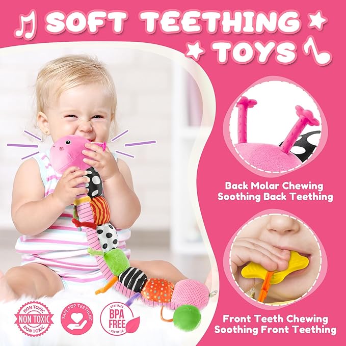 Baby Toys 0-6-12 Months,Musical Caterpillar Stuffed Animals Activity Infant Toys with Crinkle,Rattles,Mirror&Pull String,Muti-Sensory Toys Gifts for Newborn Tummy Time,Pink,Knot prolegs-PawvioPets