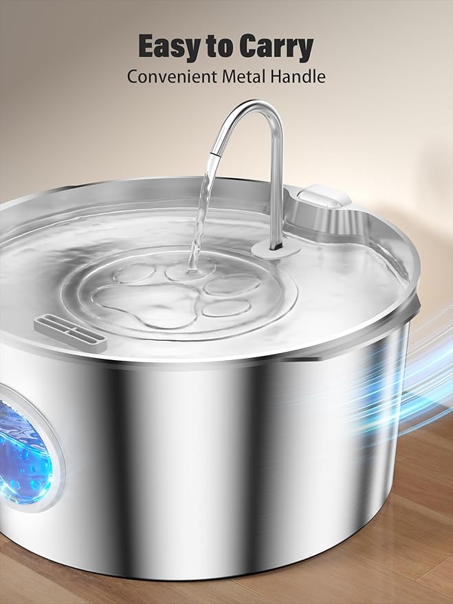 3.4Gal Dog Water Fountain for Large Dogs, Extra Large Stainless Steel Pet Water Fountain, Round Dog Water Bowl Dispenser with Metal Handle, Water Level Window, Supet Quiet Pump for Multi Pet Home-PawvioPets