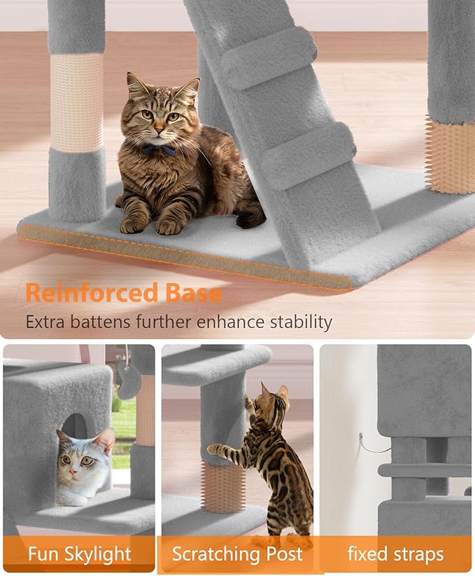 70'' Cat tree Tower for Indoor Cats Large Adult,Cute/Tall Modern Cat Tree for Big Cats 20 lbs,Plush Multi-Level Cat Condo with Scratching Posts,Dangling Ball for fun play(Light Gray, 70 inch)-PawvioPets