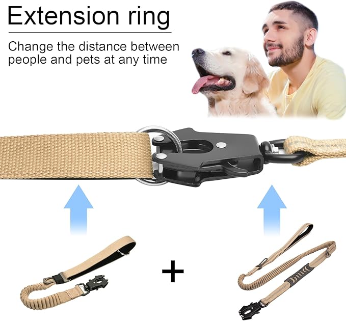 20” Strong Short Leash for Dog, Heavy Duty Bungee Dogs Leash with Padded Handle Car Seatbelt, Small Dog Training Leashs for Large or Medium Dogs - Can be Used with Other leashes (Khaki)-PawvioPets