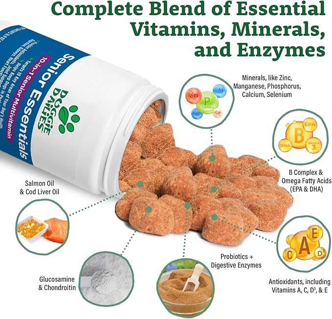 Doggie Dailies Senior Essentials Multivitamin for Dogs Soft Chews | Advanced Dog Multivitamin | Nutritional Support for Joints, Skin & Coat, Digestion, and the Immune System | Bacon Flavor | 120 Count-PawvioPets