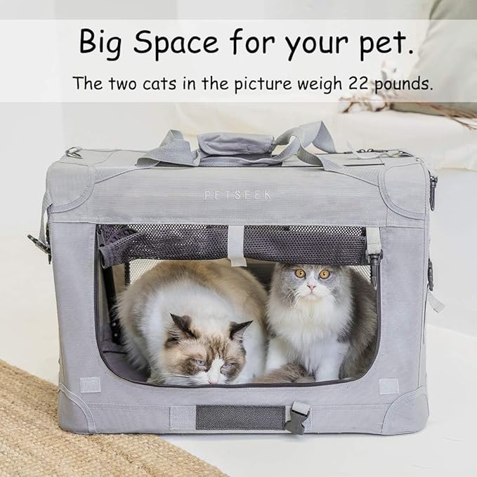 Extra Extra Large Cat Carrier Soft Sided, Portable Small Dog Carrier for 2 Cats, 24"x16.5"x16" Car Travel Folding Comfortable Design with Litter Box and Bowls, Grey+ Litter Box+ Bowl*2-PawvioPets