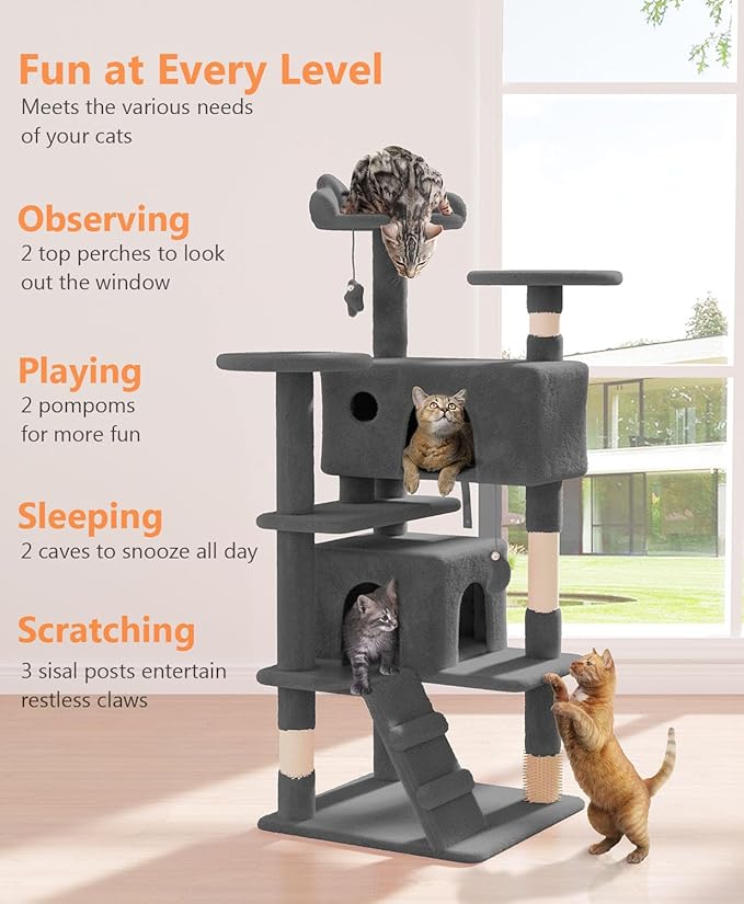 54" Cat Tree Tower for Indoor Cats Large Adult,Cute/Tall Modern Cat Tree for Big Cats 20 lbs, Plush Multi-Level Cat Condo with Scratching Posts,Hammock, Dangling Ball (Smoky Gray, 54 inch)-PawvioPets