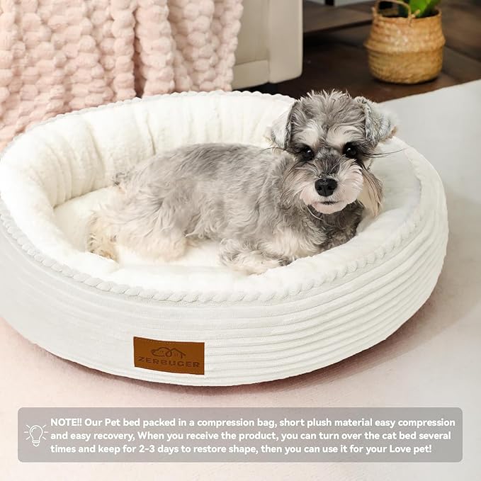 20in Cream Round Cat Dog Bed Gift for Large Medium Small Dogs Cats, Machine Washable Sleeping Sofa, Non-Slip Bottom Breathable Soft Calming Pet Cuddler for Indoor/Outdoor/Car/Cage-PawvioPets