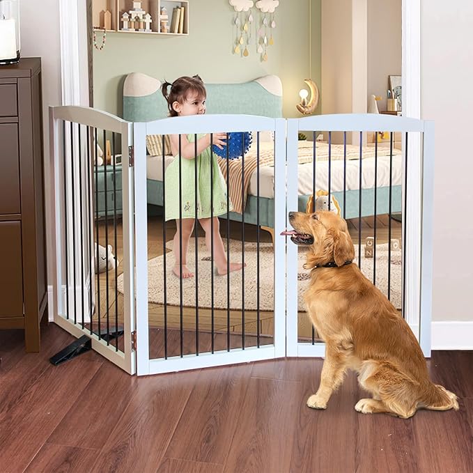 Foldable Wooden Freestanding Dog Gate - 32" H, 3 Panels, Stairs/Doorways, Support Feet Included, White-PawvioPets