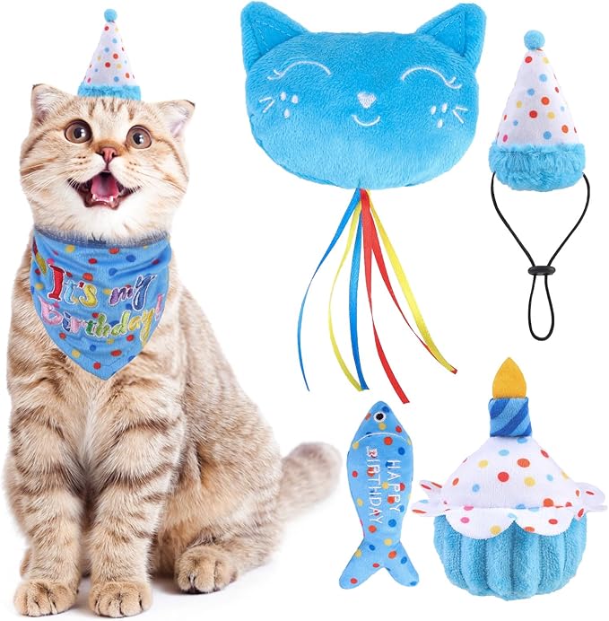 BINGPET Cat Birthday Catnip Toys for Indoor Cats,Cat Birthday Hat,Bandana and Cat Birthday Cake Interactive Plush Kitten Chew Toys,Cute Fish,Balloon Toys with Crinkle Paper and Catnip Inside(Sky Blue)-PawvioPets