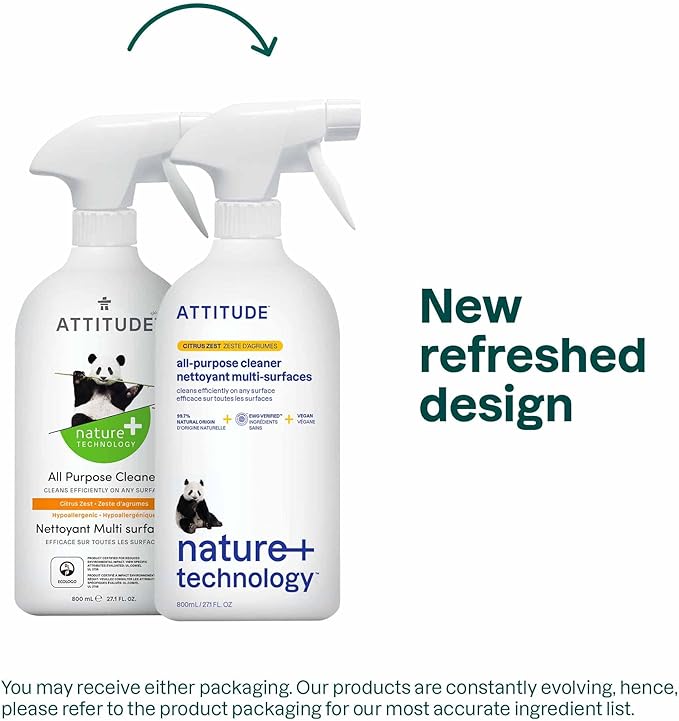 ATTITUDE All Purpose Cleaner Spray, EWG Verified, Vegan, Made with 94% Plant-Based Ingredients, Streak-Free for Kitchen, Bathroom, Glass & More, Citrus Zest Scent, 27.1 Fl Oz-PawvioPets