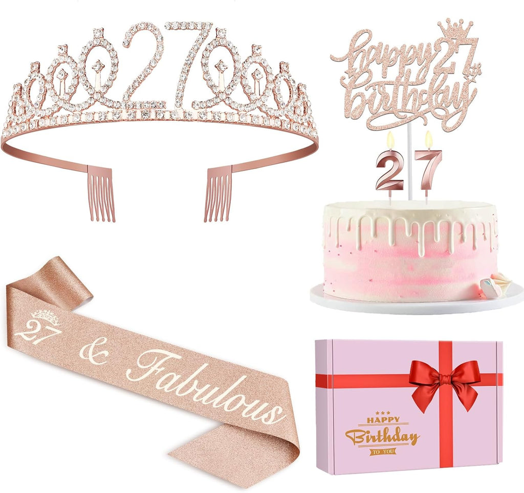 27th Birthday Decorations for Women Including Birthday Sash and Tiara, Candles and Cake Topper, Gifts for 27 Year Old Women, Party Decorations Favor Supplies