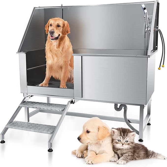 62" Pet Dog Bathing Station,Professional Stainless Steel Dog Grooming Tub,Pet Bathing Tub Dog Bathing Station with Faucet Walk-in Ramp Accessories,Commercial or Household use, (Extra Large)-PawvioPets