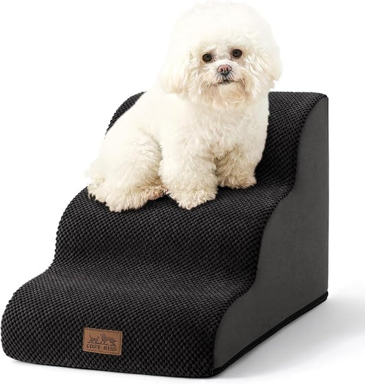 Dog Stairs for Small Dogs 15.7" H, Curved Dog Step for Puppy, Older Cat, Medium Pet Ramp for Sofa, Couch or Bed, Ladder with High Density Foam, 15.7x22.4x15.7 inch, 3 Step, Black-PawvioPets