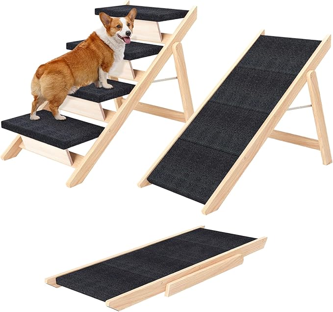Dog Stairs/Ramp for Bed, Wooden Convertible Pet Steps, Portable Dog Ladder Up to 180 Pound for Elderly/Short-Legged Dogs, 4 Steps for Beds, Couch, Cars-PawvioPets