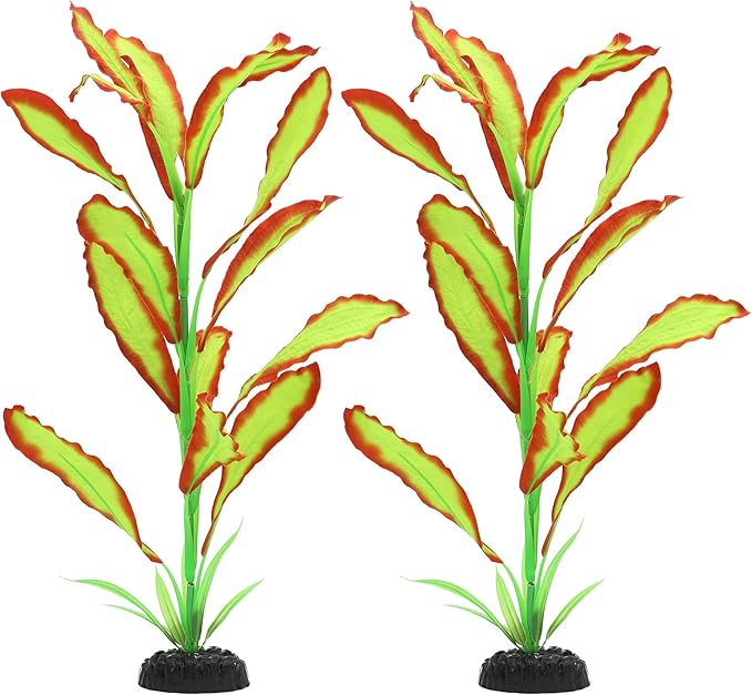 ALEGI Silk Aquarium Plants, 16 Inch Artificial Silk Plants Decorations for Fish Tank,Aquarium Décor Plastic Plants (Light Green with Red, 2 Pack)-PawvioPets