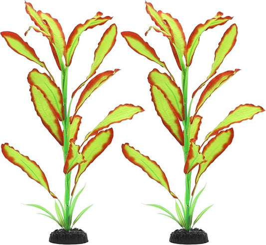 ALEGI Silk Aquarium Plants, 16 Inch Artificial Silk Plants Decorations for Fish Tank,Aquarium Décor Plastic Plants (Light Green with Red, 2 Pack)-PawvioPets