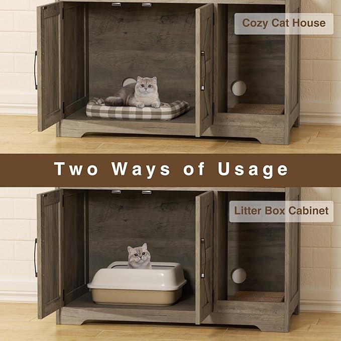 Cat Litter Box Enclosure, Hidden Litter Box Furniture with Scratch Pad, Farmhouse Indoor Cat House Washroom End Table, Grey-PawvioPets