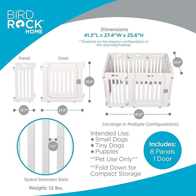 BIRDROCK HOME Dog Playpen w/Door, 8 Panel, 25.6in H | Strong Plastic, Non-Slip Puppy Playpen, Secure Pet Gate | Indoor Outdoor Fence | Configurable Panels | Small Pets - White-PawvioPets