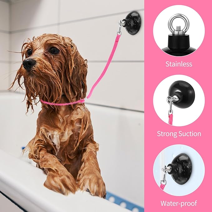 Frienda 4 Pieces Dog Bathing Tether with Suction Cup Pet Dog Grooming Tub Restraint Loops and Adjustable Cat Fixed Safety Rope for Pet Shower Bathing Grooming(Blue Pink Bright Green)-PawvioPets