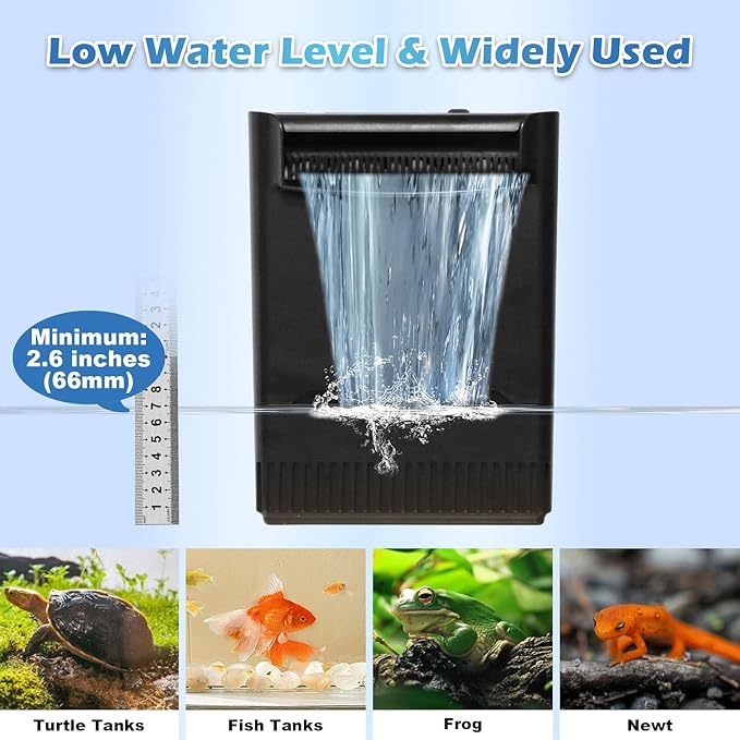 290GPH Turtle Tank Filter for 40-85 Gallon, Turtle Filter Low Water Level Available and Flow Adjustable, Turtle Water Filter for Shrimps Amphibians Turtle Tank Saltwater Freshwater Crystal Clear-PawvioPets