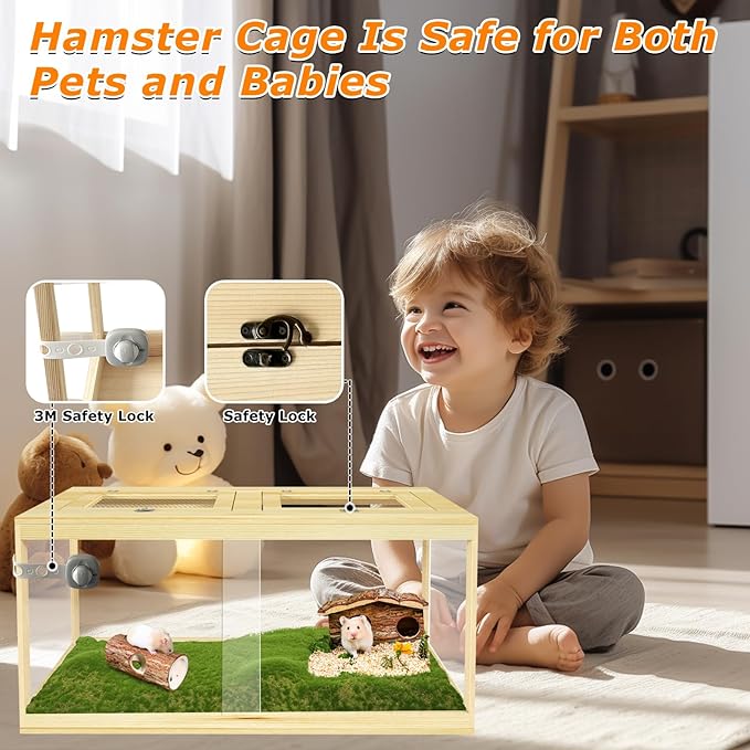 32" Hamster Habitat Enclosure, Lockable Sliding Door Gerbil Cage, Dwarf Hamster Cage with Metal Mesh Roof, Chewproof Syrian Hamster Cage for Mice, Small Animal, (Wooden, 32" L x 16" W x 16" H)-PawvioPets