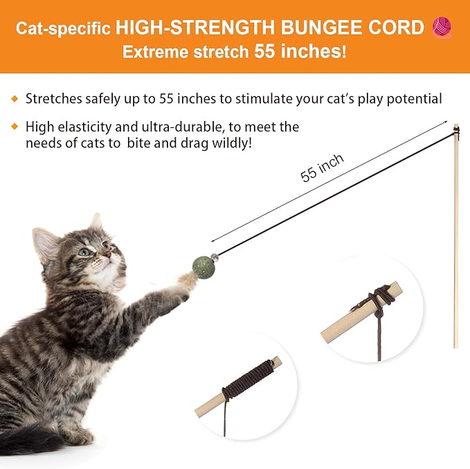 Cat Feather Toys with Catnip Ball, Feathers & Bell - 2 Replaceable Mouse Heads, Elastic Rope & Wooden Handle for Aggressive Kittens, Durable Bite-Proof Interactive Cat Teaser for Indoor Play-PawvioPets