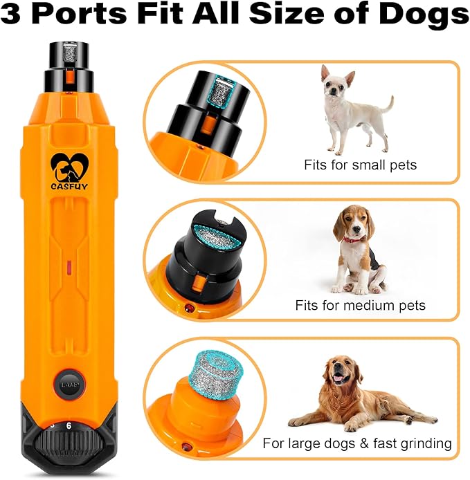 Casfuy 6-Speed Dog Nail Grinder - Newest Enhanced Pet Nail Grinder Super Quiet Rechargeable Electric Dog Nail Trimmer Painless Paws Grooming & Smoothing Tool for Large Medium Small Dogs (Orange)-PawvioPets