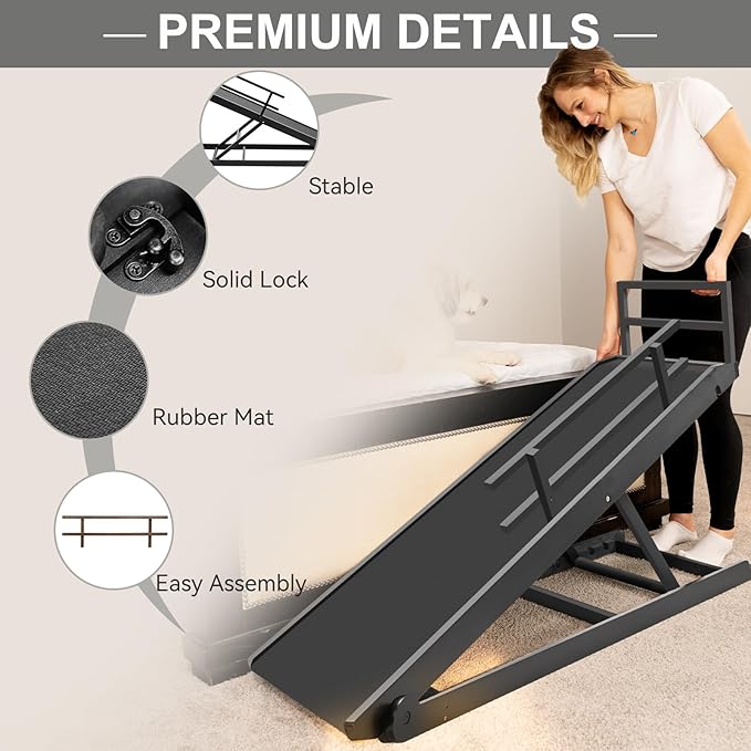 ABORON Folding Pet Ramp, 5-Level Adjustable Dog Ramp for Bed, Couch, SUV - High Traction Rubber Surface, Supports up to 200 lbs, 45.2" Long - Ideal for Small & Large Dogs & Cats,Black Finish-PawvioPets