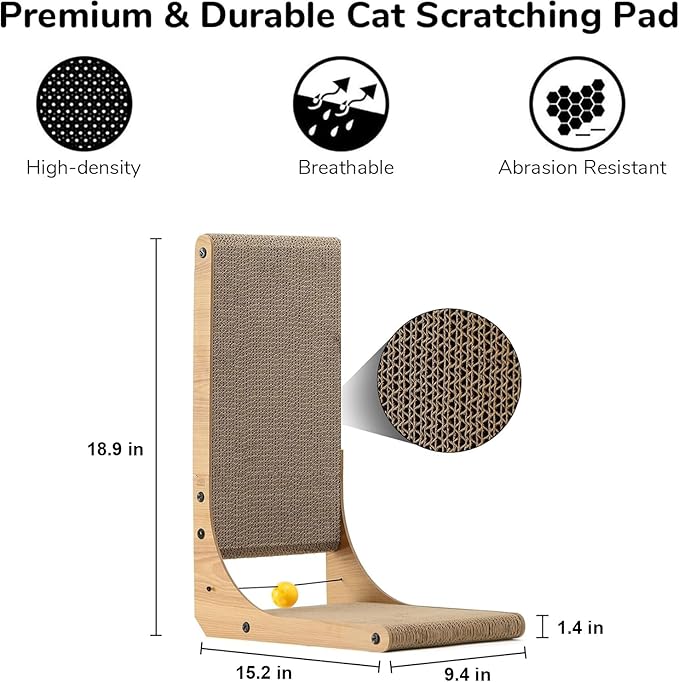 FUKUMARU Cat Scratcher, 18.9 Inch L Shape Cat Scratch Pad, Vertical Cat Scratcher Wall Mounted, Cat Scratching Cardboard with Ball Toy for Indoor Cats-PawvioPets