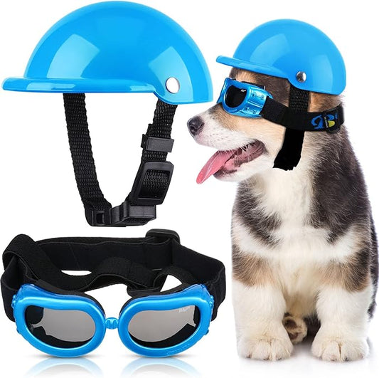 Frienda Dog Helmet and Goggles, UV Protection Doggy Sunglasses and 4 Inch Padded Puppy Motorcycle Helmet Adorable Dog Goggles with Adjustable Belt for Small Dogs Puppy Riding(Blue,S)-PawvioPets