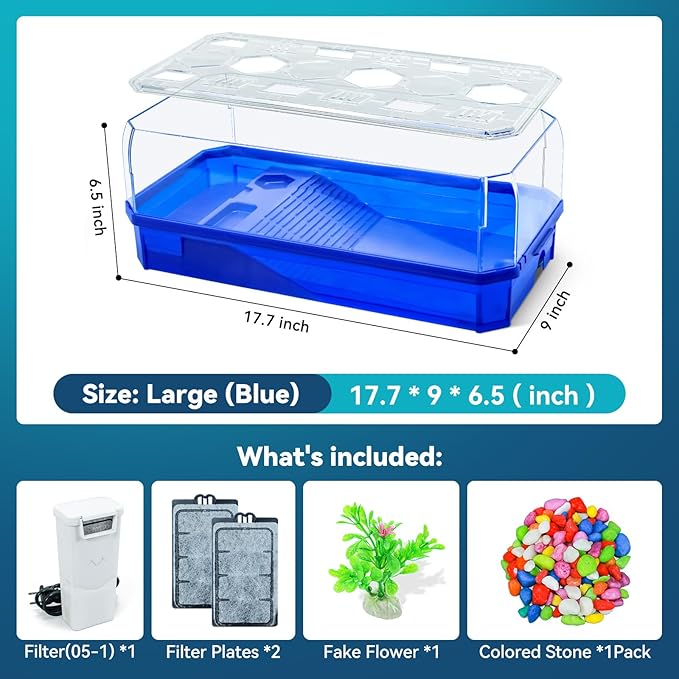 Aquatic Turtle Tank Habitat Kit Stone+Filter+Heat Lamp Enhancing Interaction with 360° Viewing, Standalone Filtration, DIY Creative Zone, Enriched Living (Blue, L[Without Light])-PawvioPets
