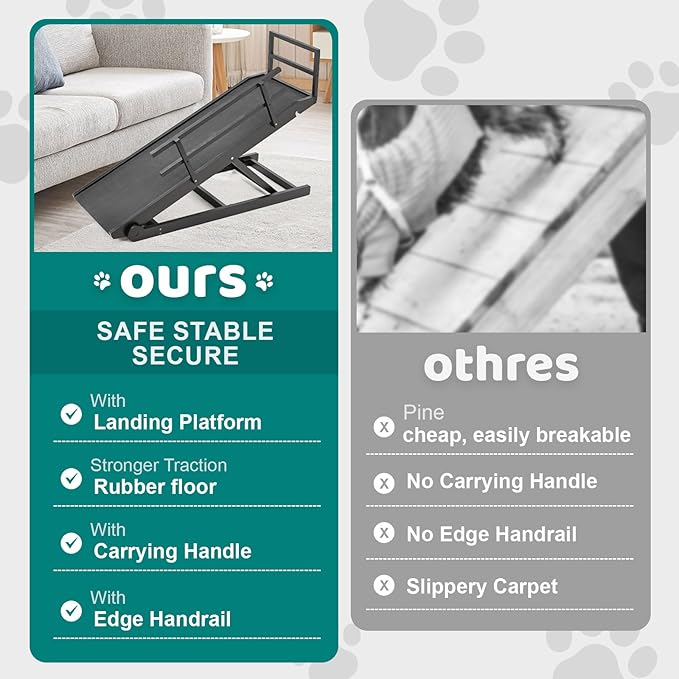 Dog Ramp for Bed, Adjustable Pet Ramps for Dog to Get on Bed, Non-Slip Rubber Surface - Folding Wooden Dog Ramp for Small/Large/Old Dogs, Adjustable up to 27.5 inch High Beds, Safety Railings-PawvioPets