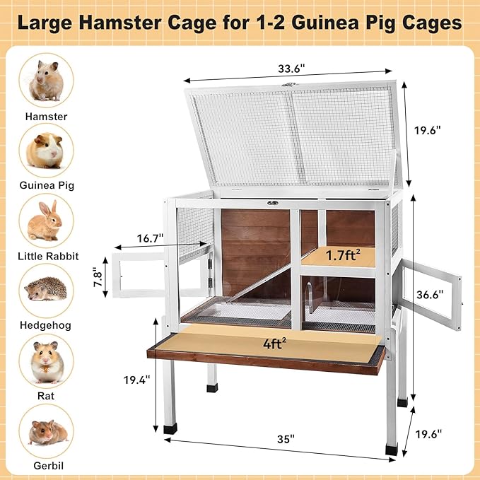 2-Story Guinea Pig Cage with Stand, Indoor Wooden Hamster Cage with Ramp, Pull-Out Tray, Hideout & Platform, Acrylic Transparent Small Animal Habitat for Chinchillas, Ferrets, Hedgehogs, Walnut-PawvioPets