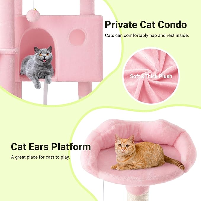 Allewie 64 Inches Cat Tree Tower/Multi-Level Activity Center for Indoor Big Felines/2 Plush Condos/2 Perchs/Basket/House/Sisal Scratching Posts/Hanging Cat Toys/Pink-PawvioPets