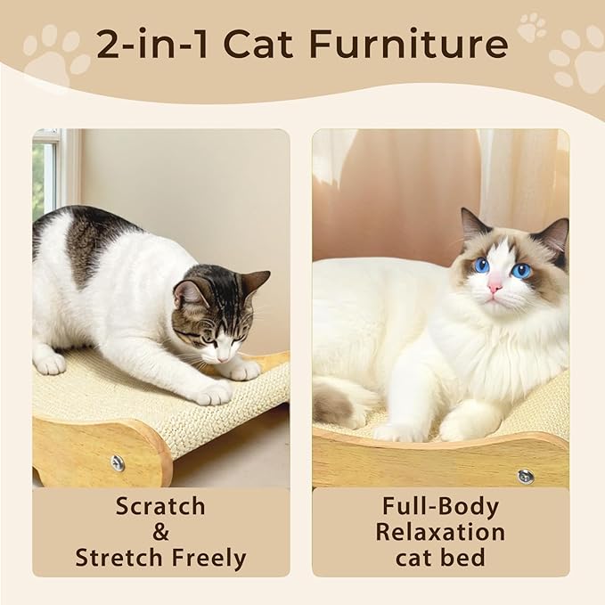 2-in-1 Sisal Cat Scratcher Bed for Indoor Large Cats – Hammock Lounge with Natural Sisal Pad, Wooden Cat Furniture for Scratching and Resting-PawvioPets
