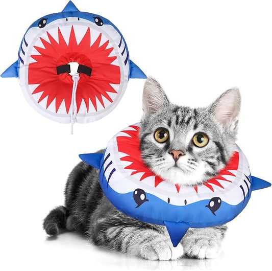 BEAUTYZOO Cat Cone Collars Soft, Cat Recovery E Collars After Surgery to Stop Licking, Adjustable Elizabeth Circle Collar Cute Pet Donut Pillow for Cats Kitten Small Dogs,Cute Shark M-PawvioPets