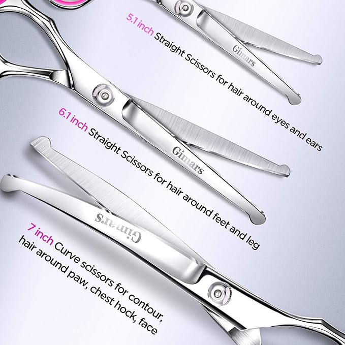Gimars Professional 4CR Stainless Steel 6 in 1 Grooming Scissors for Dogs with Safety Round Tip, Heavy Duty Titanium Coated Pet Grooming Scissor for Dogs, Cats and Other Animals-PawvioPets