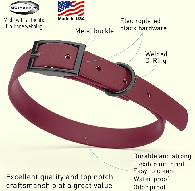 Dogline Biothane Waterproof Dog Collar Strong Coated Nylon Webbing with Black Hardware Odor- Proof for Easy Care Easy to Clean High Performance Fits Small Medium or Large Dogs, Merlot Burgundy-PawvioPets