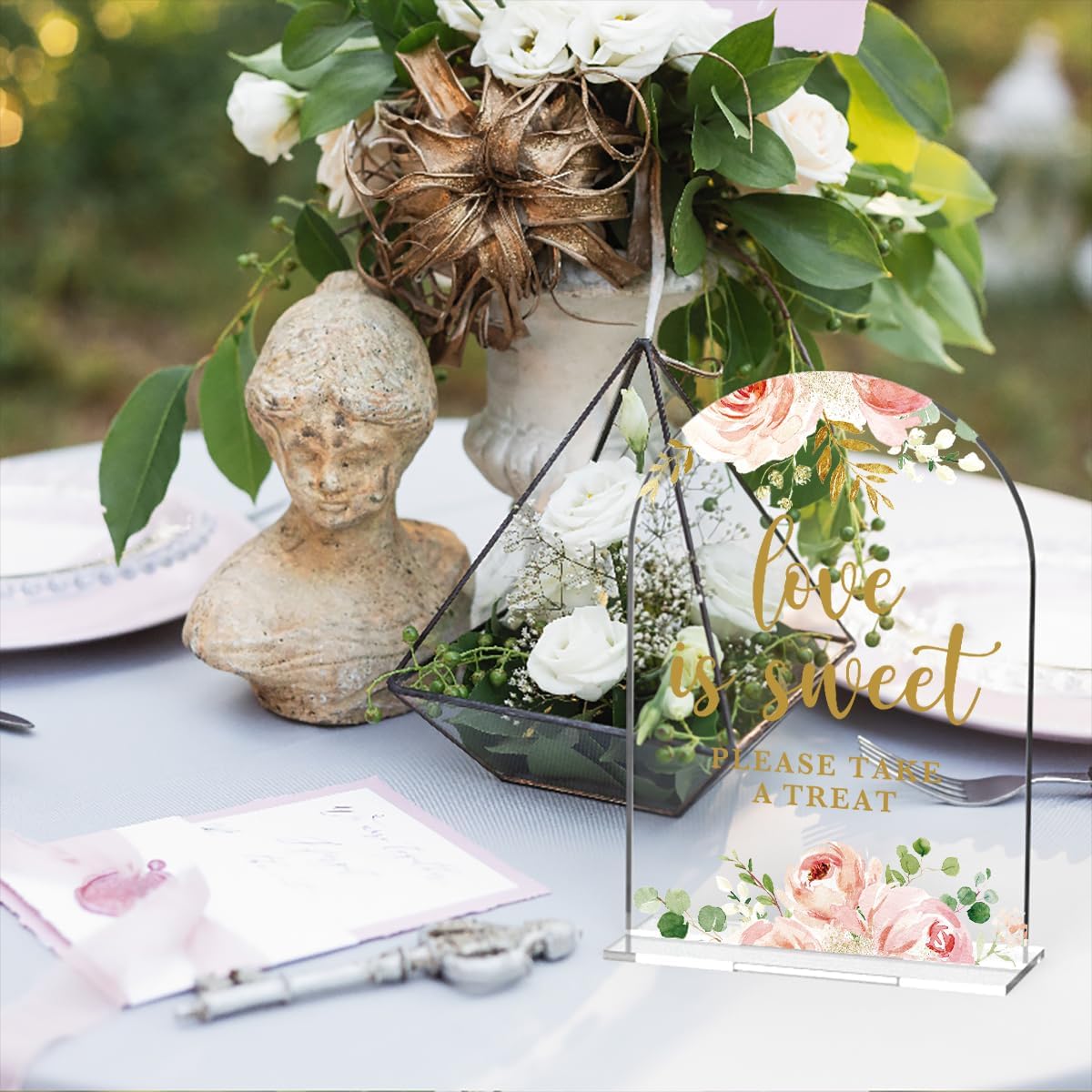 Acrylic Wedding Signs, Bridal Shower Decorations, Love is Sweet Signs for Reception, Modern Calligraphy Arch Acrylic Table Top Sign for Wedding Reception and Engagement Parties (Clear Pink Flowers)