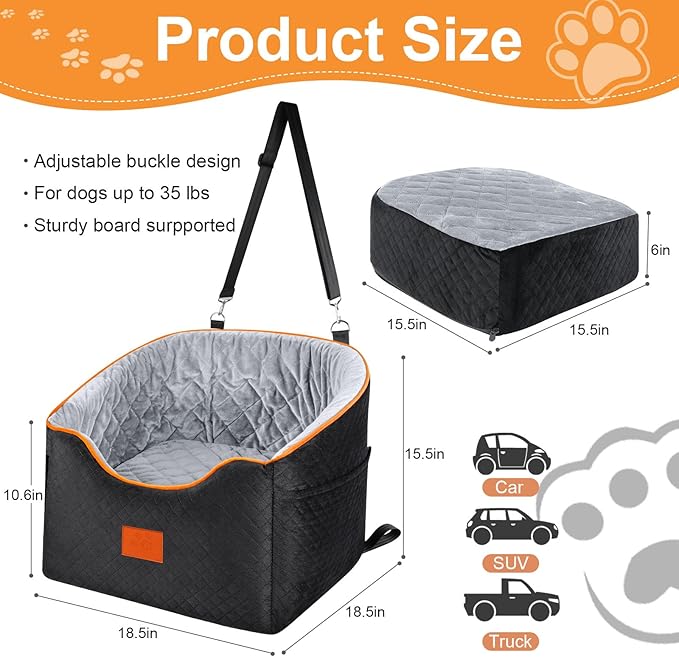 Dog Car Seat for Small Dogs, Memory Foam Booster Dog Seat for Dogs up to 35 lbs, Elevated Pet Car Seat with Washable Removable Cover, Storage Pockets(Black/Gray)-PawvioPets