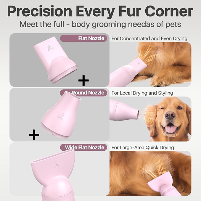 Dog Blow Dryer for Pet Grooming Handheld Lightweight Dog Cat Hair Dryer 3 Speeds 4 Temp, Portable 3HP High Velocity Pet Blower Quiet Dryer for Travel Campaign Home, with 3 Nozzles, Pink-PawvioPets