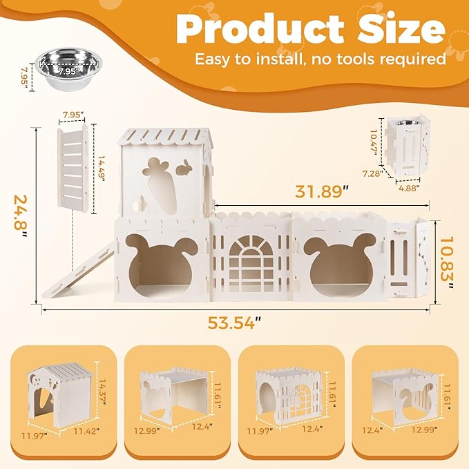 Extra Large Rabbit House, Wooden Bunny House Hideout with 4 Houses and Hay Feeder Indoor, Rabbit Guinea Pig Hideout Multistory Climbing Tower Sturdy Wooden Castle, Small Animal Hideaway Tunnel-PawvioPets