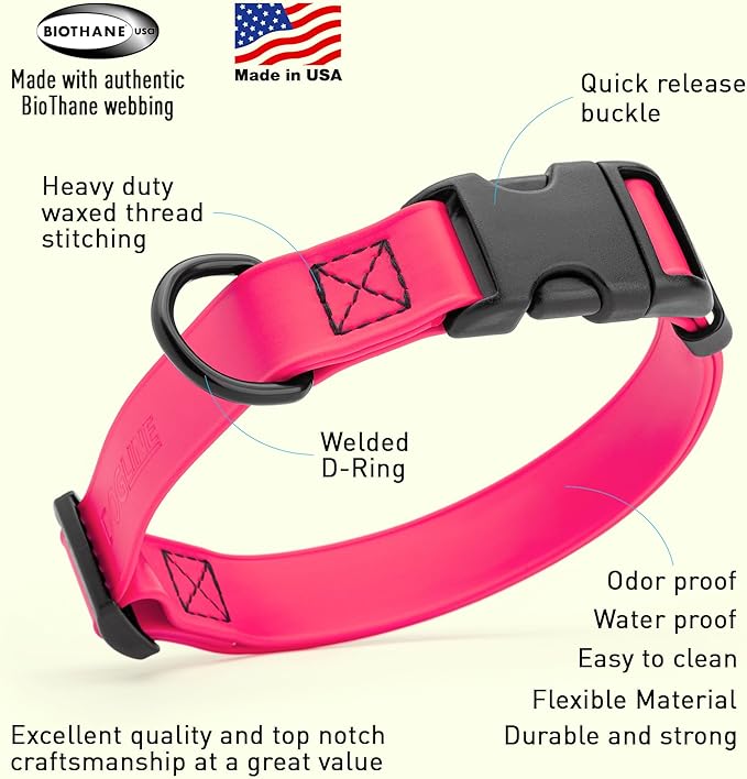 Dogline Biothane Waterproof Dog Collar with Quick Release Buckle Strong Coated Nylon Webbing with Odor- Proof for Easy Care Easy to Clean Fits Small Medium or Large Dogs, Pink 1" W 15-23" L-PawvioPets